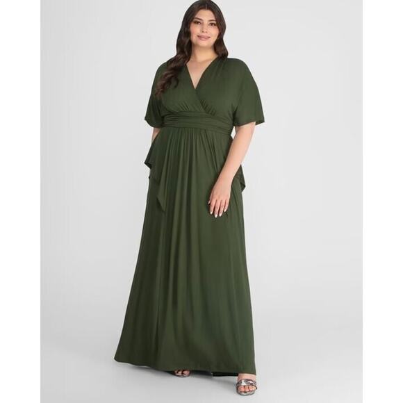 Kiyonna Dress 5X Olive Green Indie Flair Style Maxi Kimono Sleeves Slimming - Picture 1 of 7